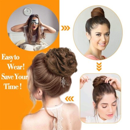 Messy Bun hair elastics with curly artificial hair - #33 Dark brown with red tint